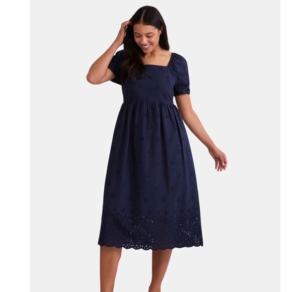Navy Blue Eyelet Midi Dress sz Small - Picture 1 of 8